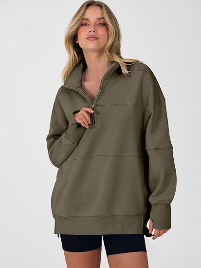 Women's Autumn/Winter Solid Color Half-Zip Long-Sleeve Side-Slit Sweatshirt