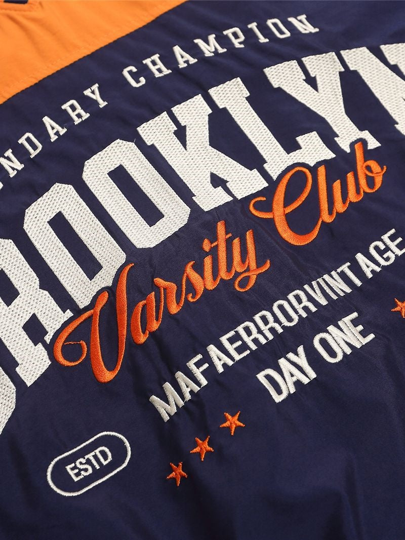 Color Contrast Splicing Letter Embroidery V-neck Loose Jersey Sweatshirt