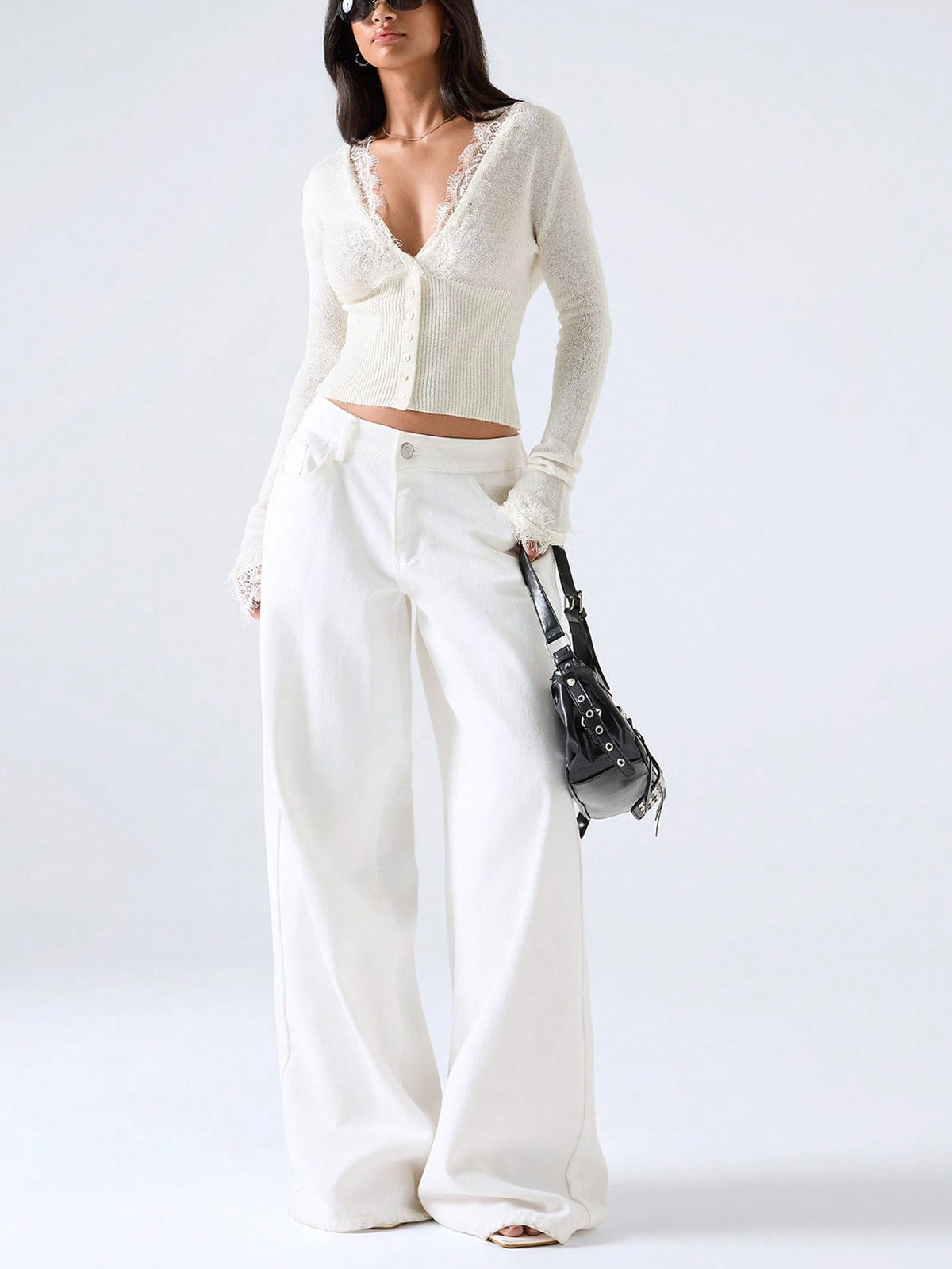 Lace Knitwear Slim-fit V-neck Solid Color Blouse&Shirts