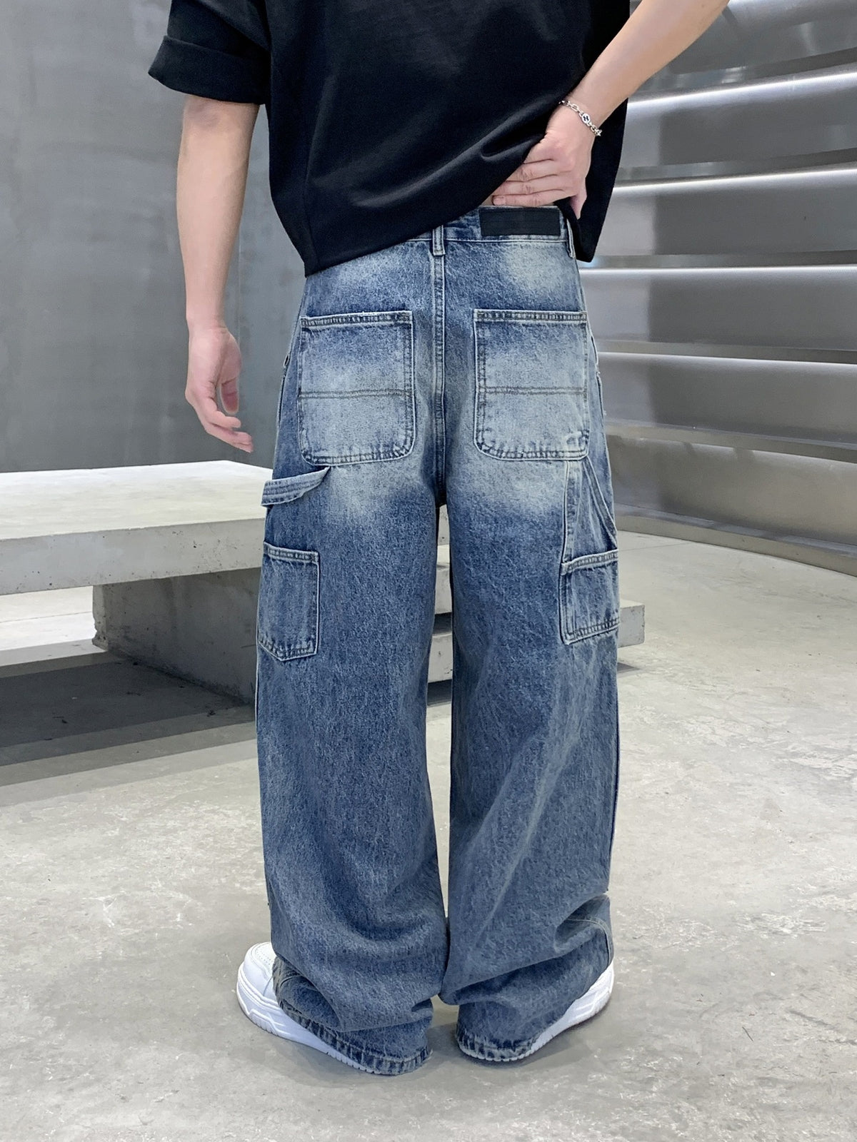 Badge Embroidery Denim Loose-fit Patchwork Fake Hole Wide-leg Jeans