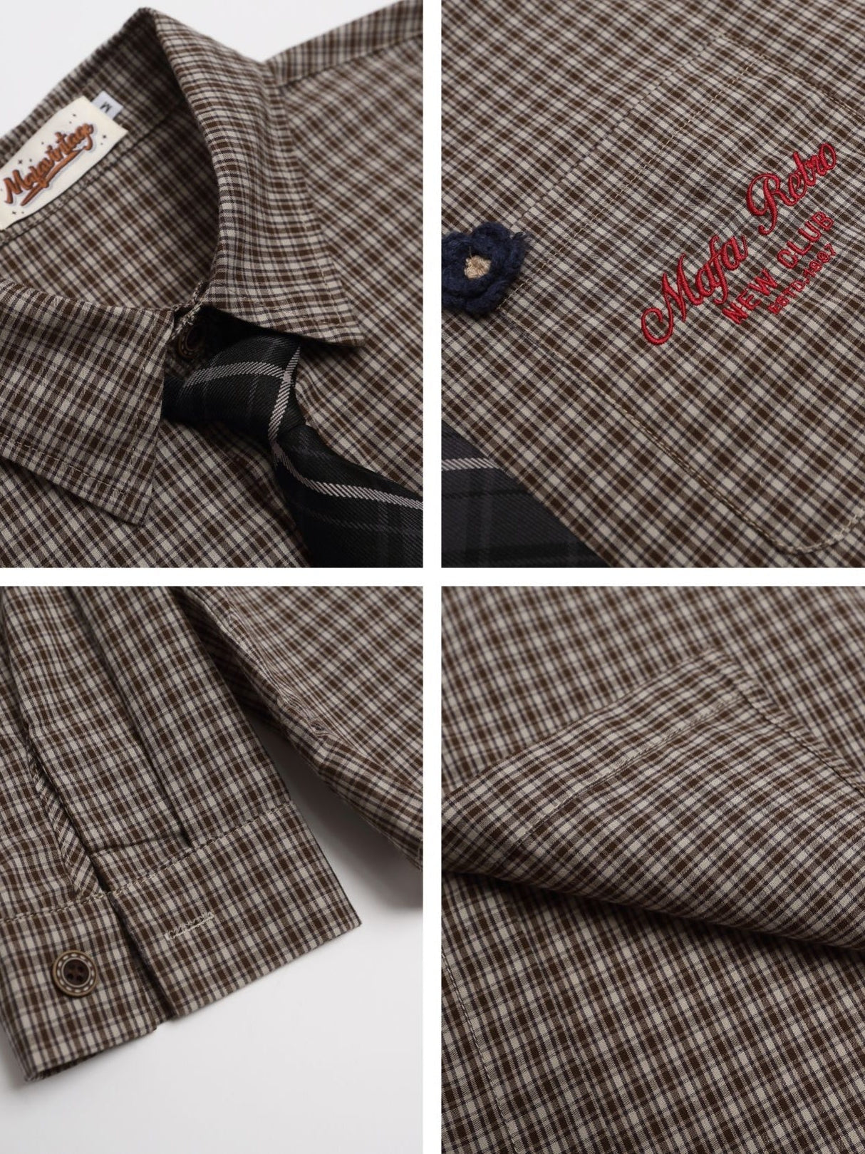 Crochet Letter Embroidery Plaid Loose Leisure Tie Shirt