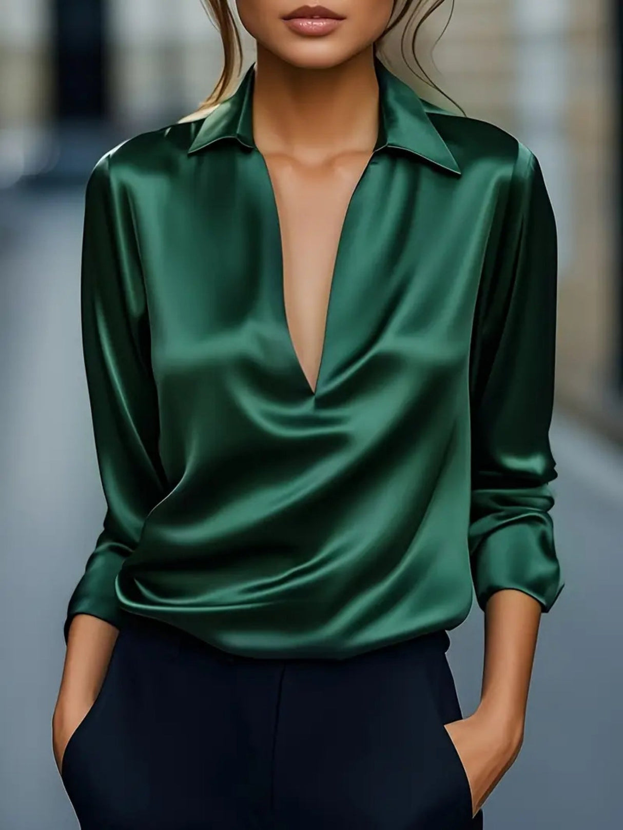 Satin Deep V-neck Long Sleeves Blouse