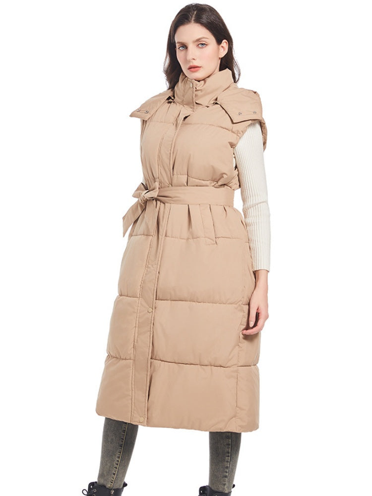 Hooded Zipper Button Vest Long Knee-length Vest Slim Waist Down Vest Jacket