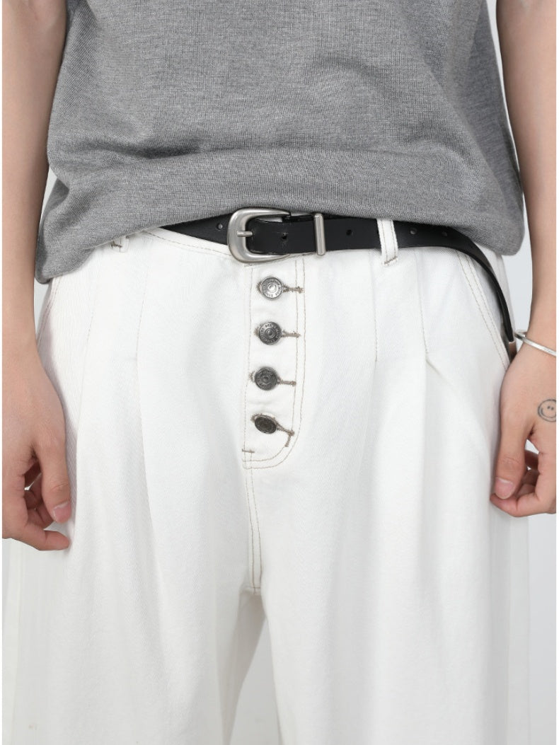 Retro Straight-fit Double Pleat Button Loose-fit Denim Pants