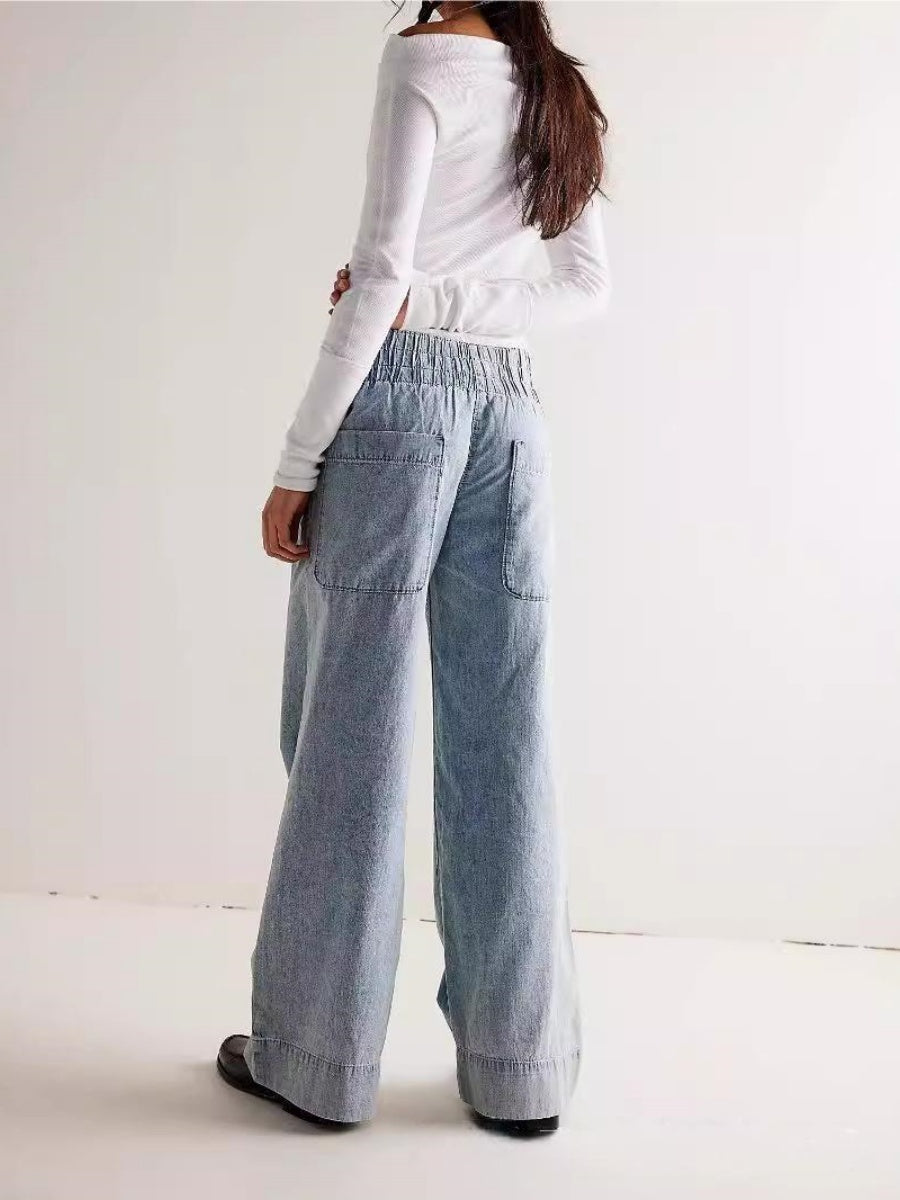 Straight-leg Pants With Contrasting Stitching Big Pocket Elastic Waistband Daily Work Jeans