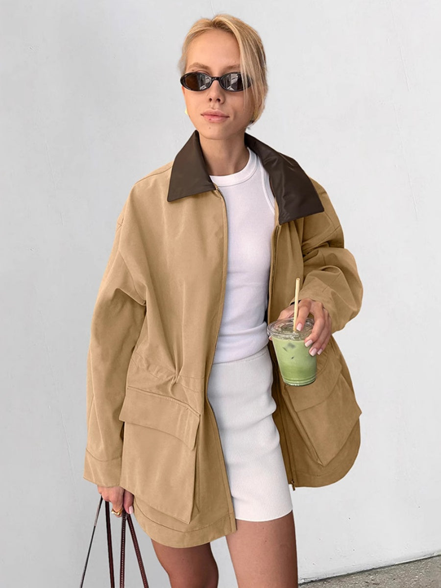 Regular Large Pockets Zipper Paneled Collar Trench Coat