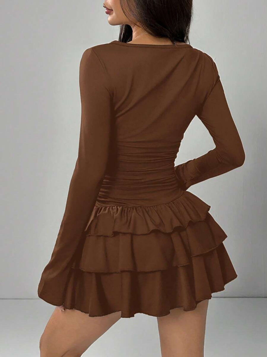 Round Neck Slim Fit Multi-layer Ruffles Party Cocktail Short Dress