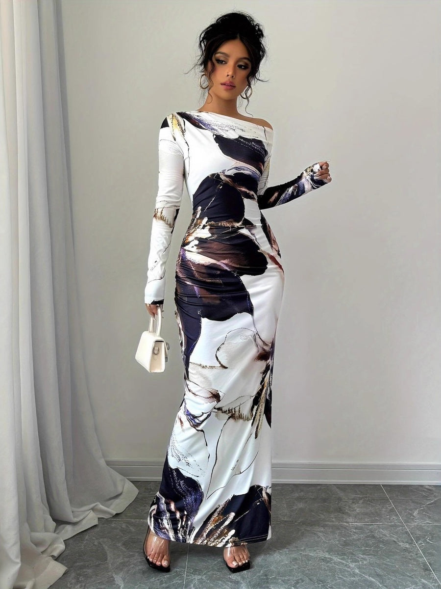 Milk Silk Printed Off-the-shoulder Long Dress