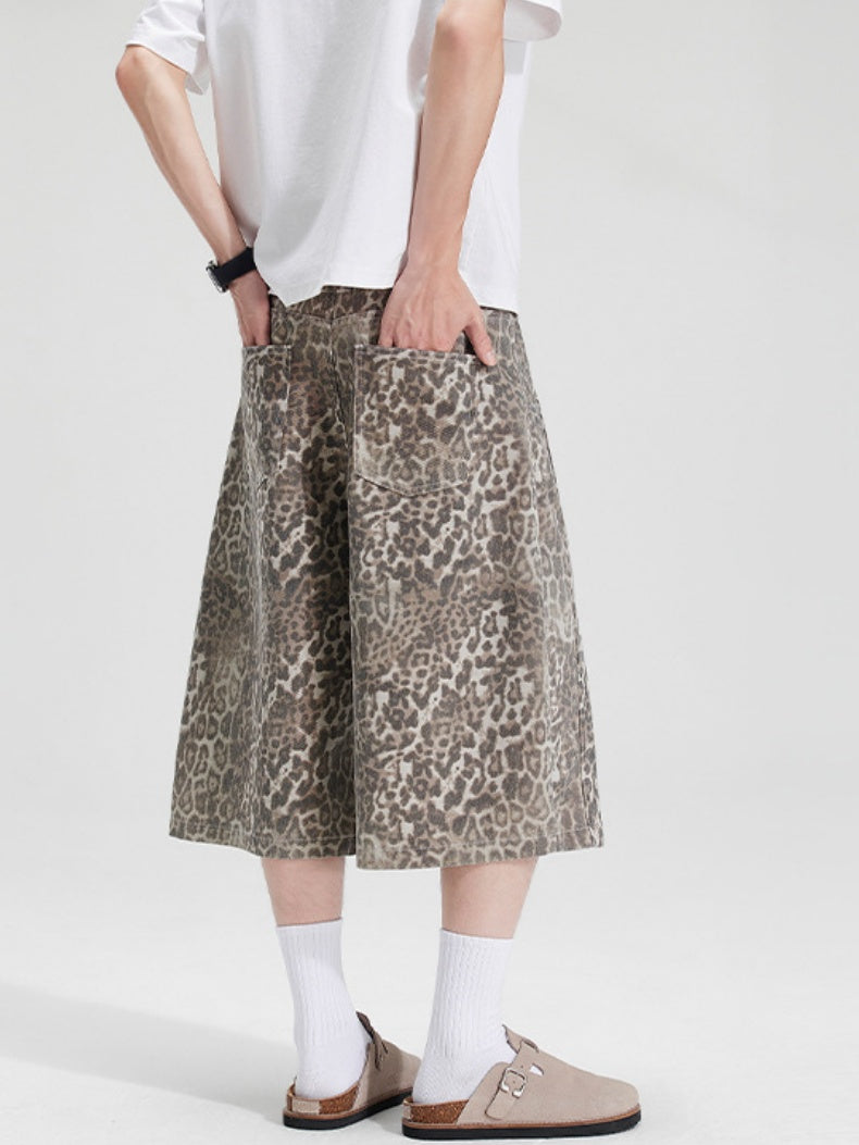 Retro Distressed Leopard Print 7 Points Baggy Shorts