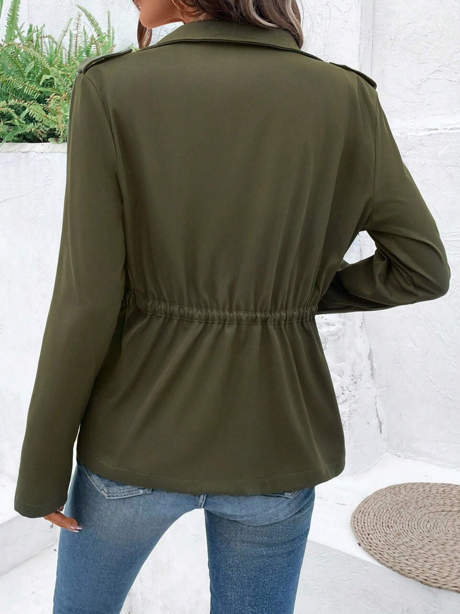 Solid Color Buttons Drawstring Jacket