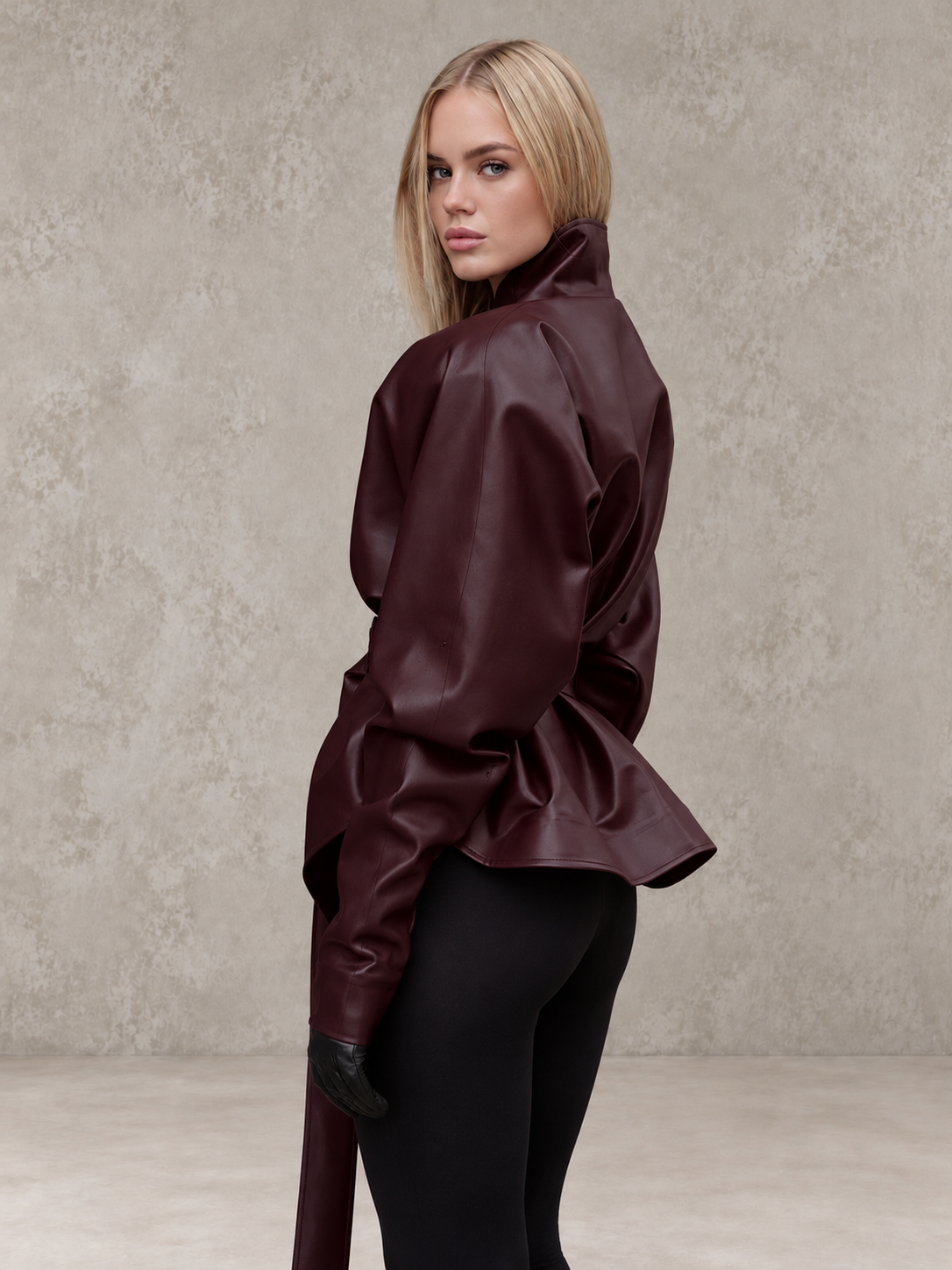 PU Leather Long-sleeved Jacket With A Fitted Waist