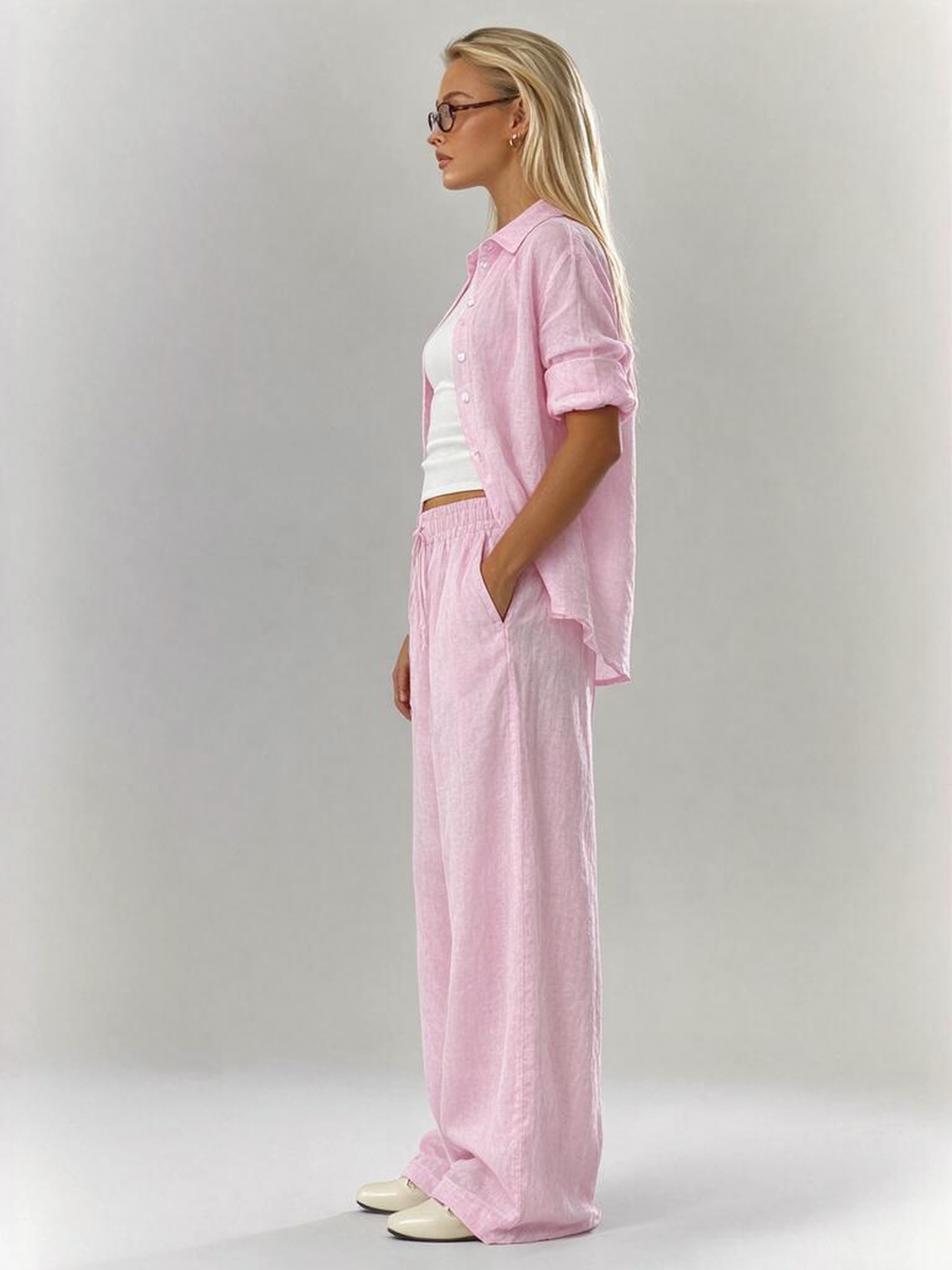 Solid Color Shirt And Trousers Set, Long-sleeved Shirt And Loose Trousers, Two-piece Set