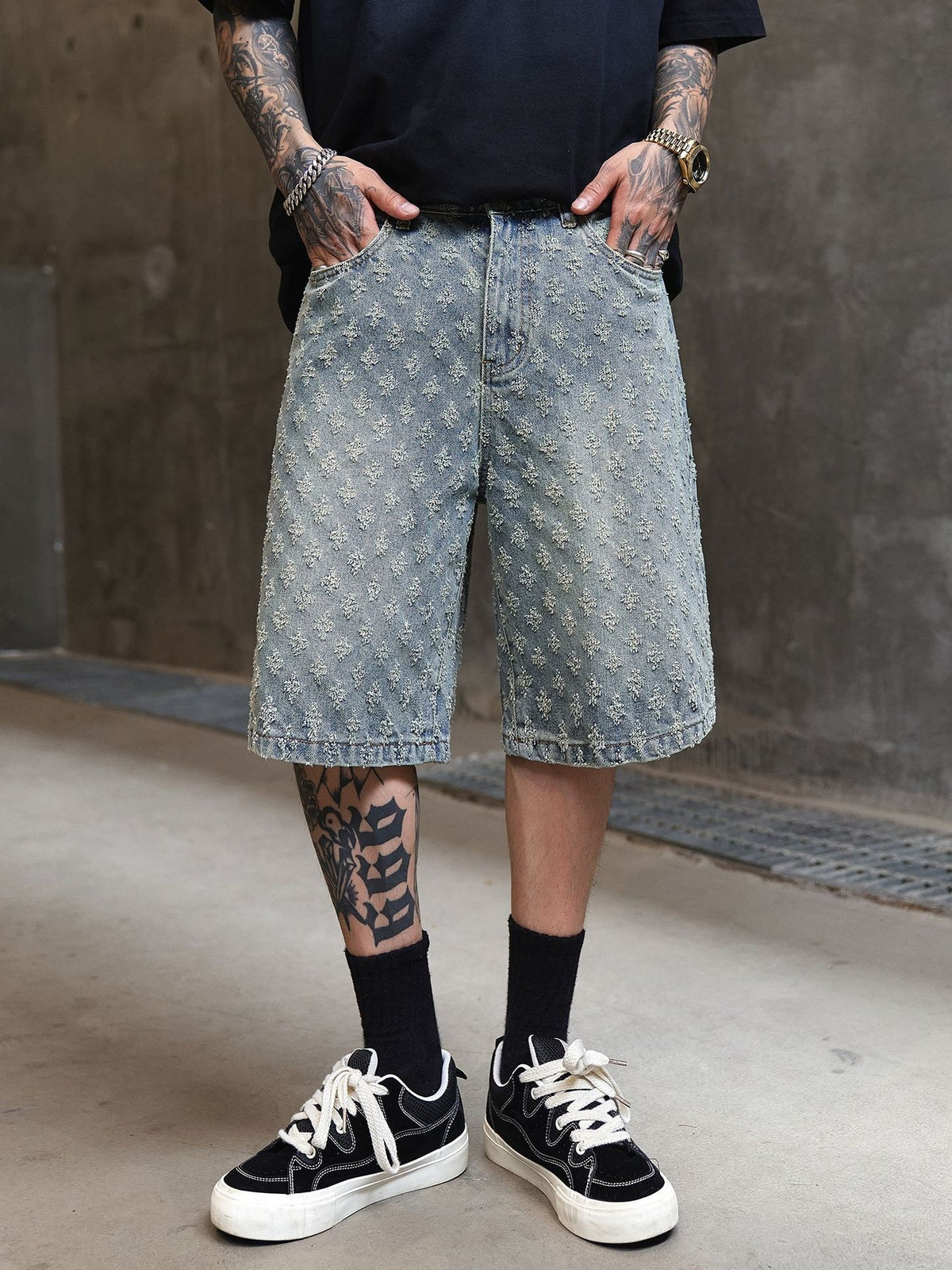 Jacquard Full Print Denim Lightweight Straight-fit Five Points Shorts