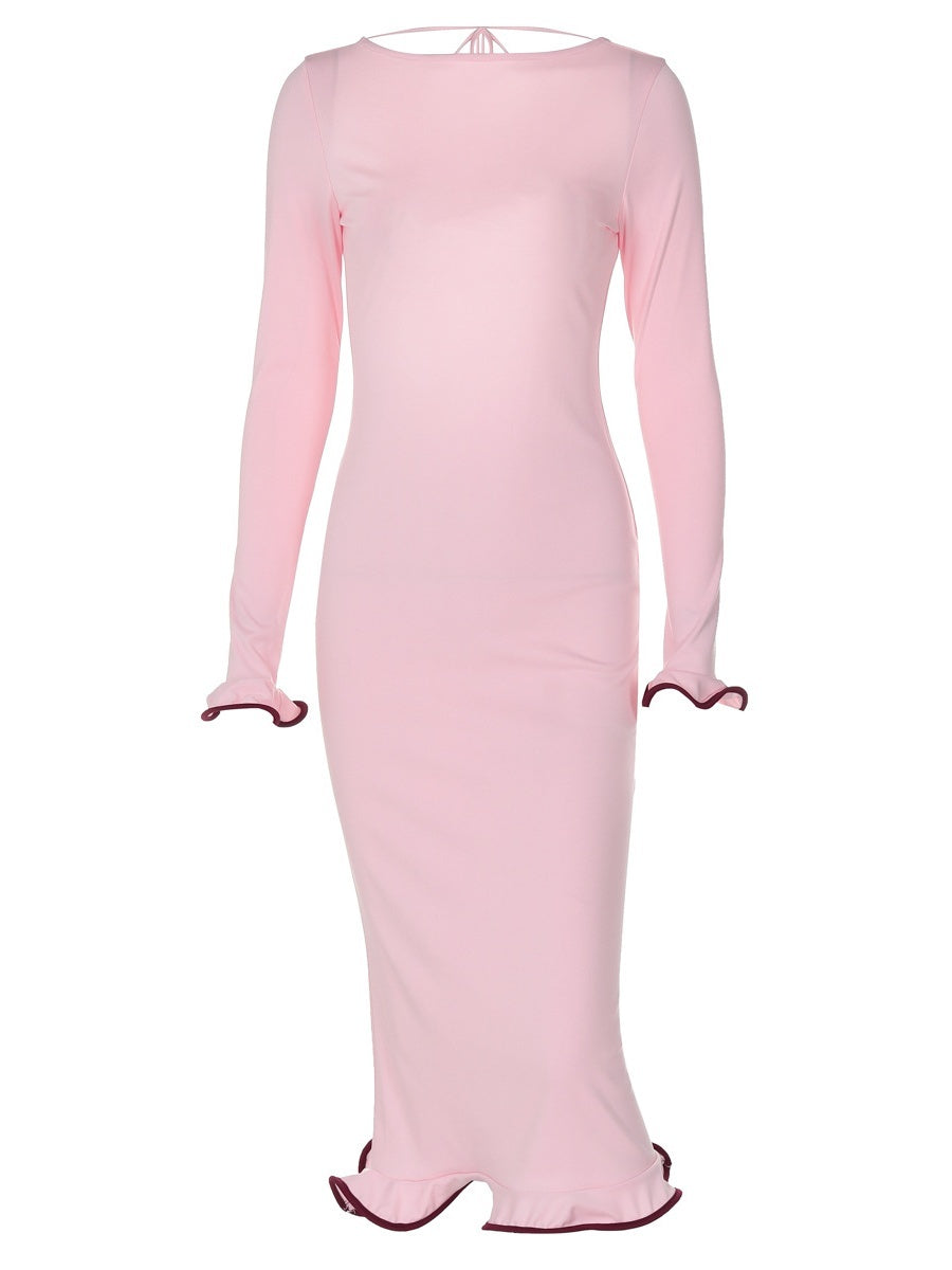 Backless Bell Sleeves Ruffled Skirt Knitting Sexy Color-blocked Long Dress