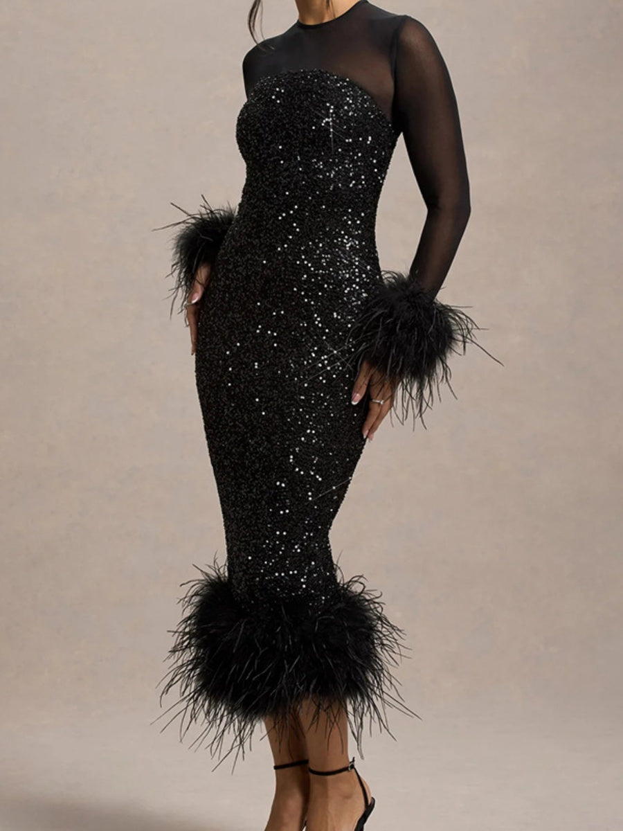 Feather-Trim Sequin Backless Slit Bodycon Dress