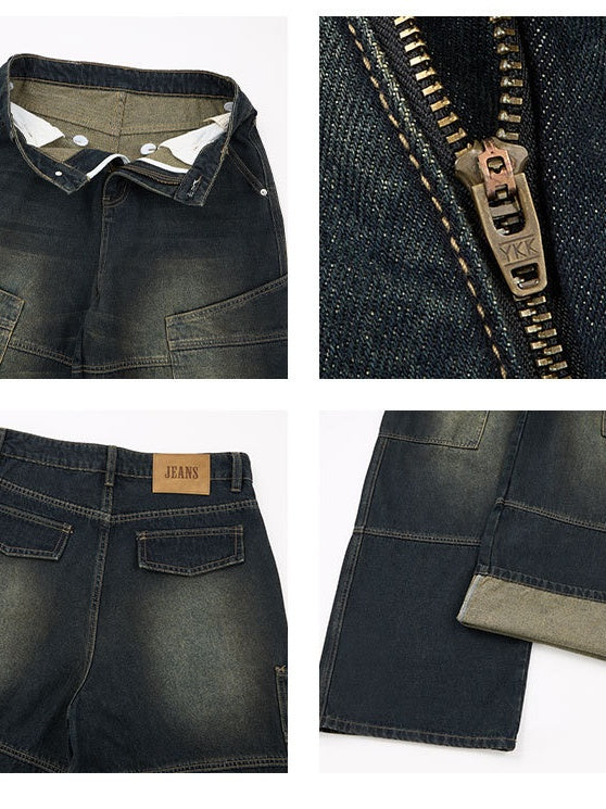 Distressed Washed Big Pocket Wide-leg Straight-fit Jeans