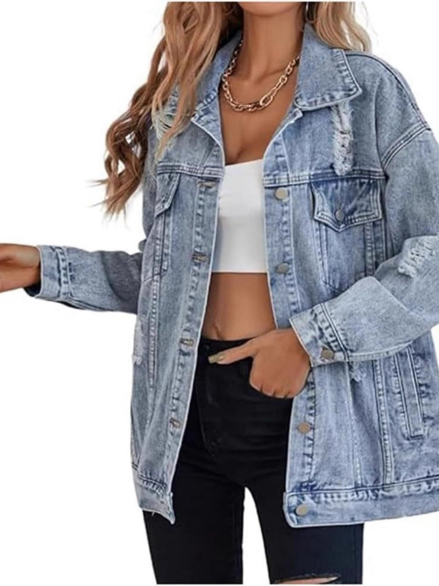 Loose-fitting Distressed Jeans Ripped Design Workwear Style Casual Jacket
