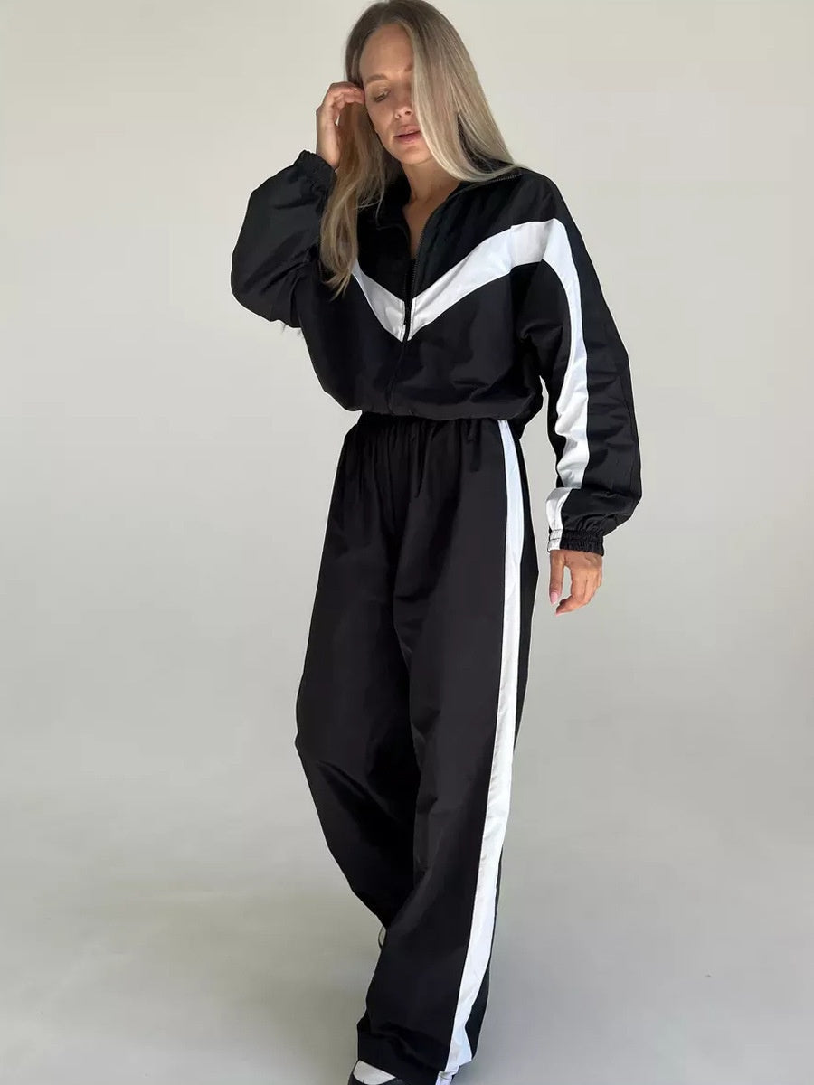 Liber Autumn women's clothing contrasting colors Sports jacket Long-sleeved two-piece suit