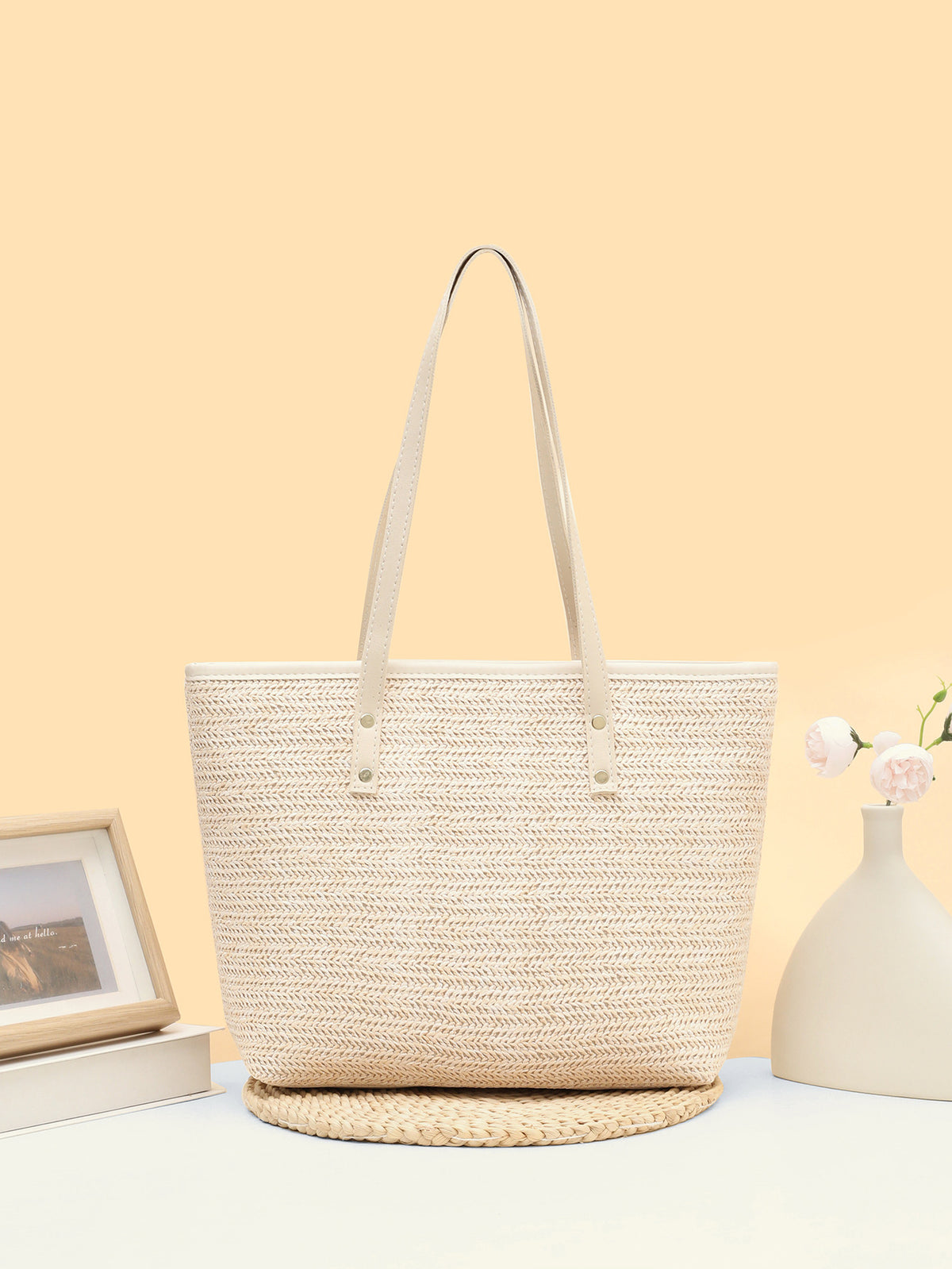 Solid Color Straw Woven Vacation Tote Bag