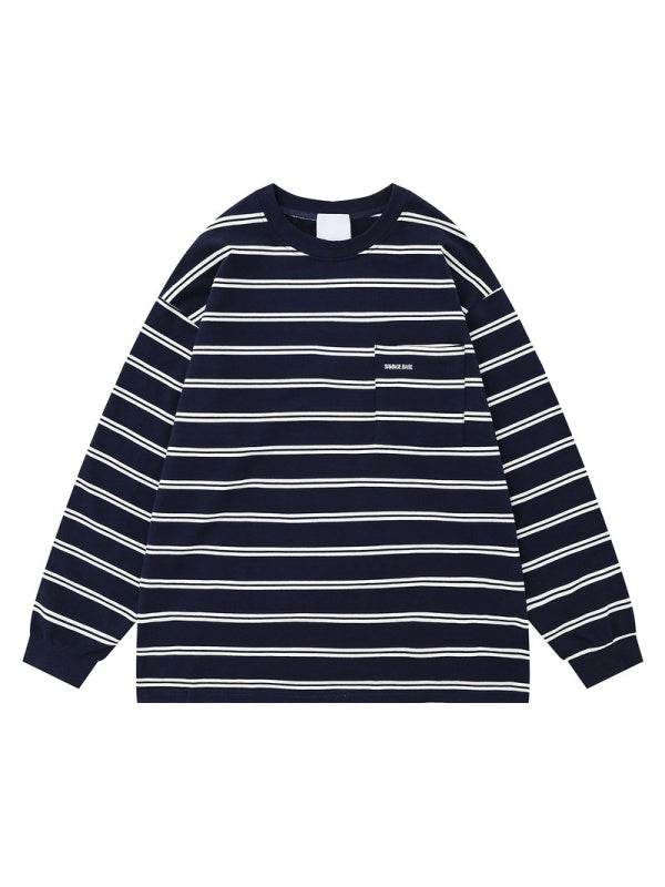 Stripes Color-blocked Embroidery Pocket Loose-fit T-shirts