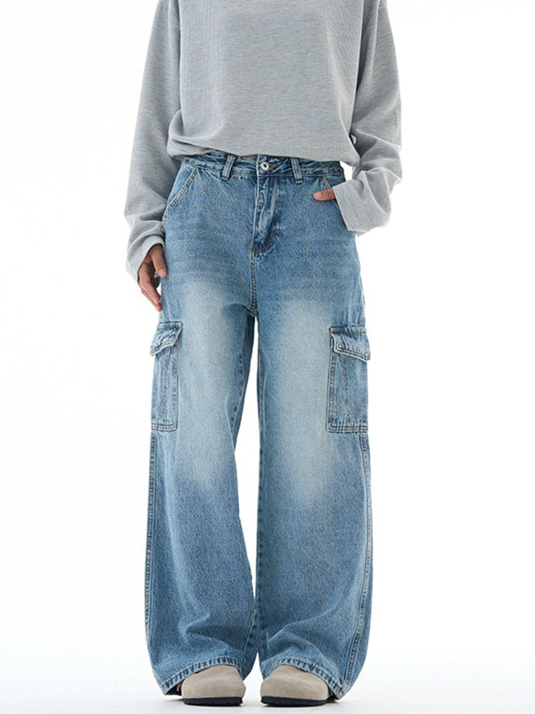 Washing Stereo Multiple Pockets Tooling All-match Wide-leg Pants Jeans