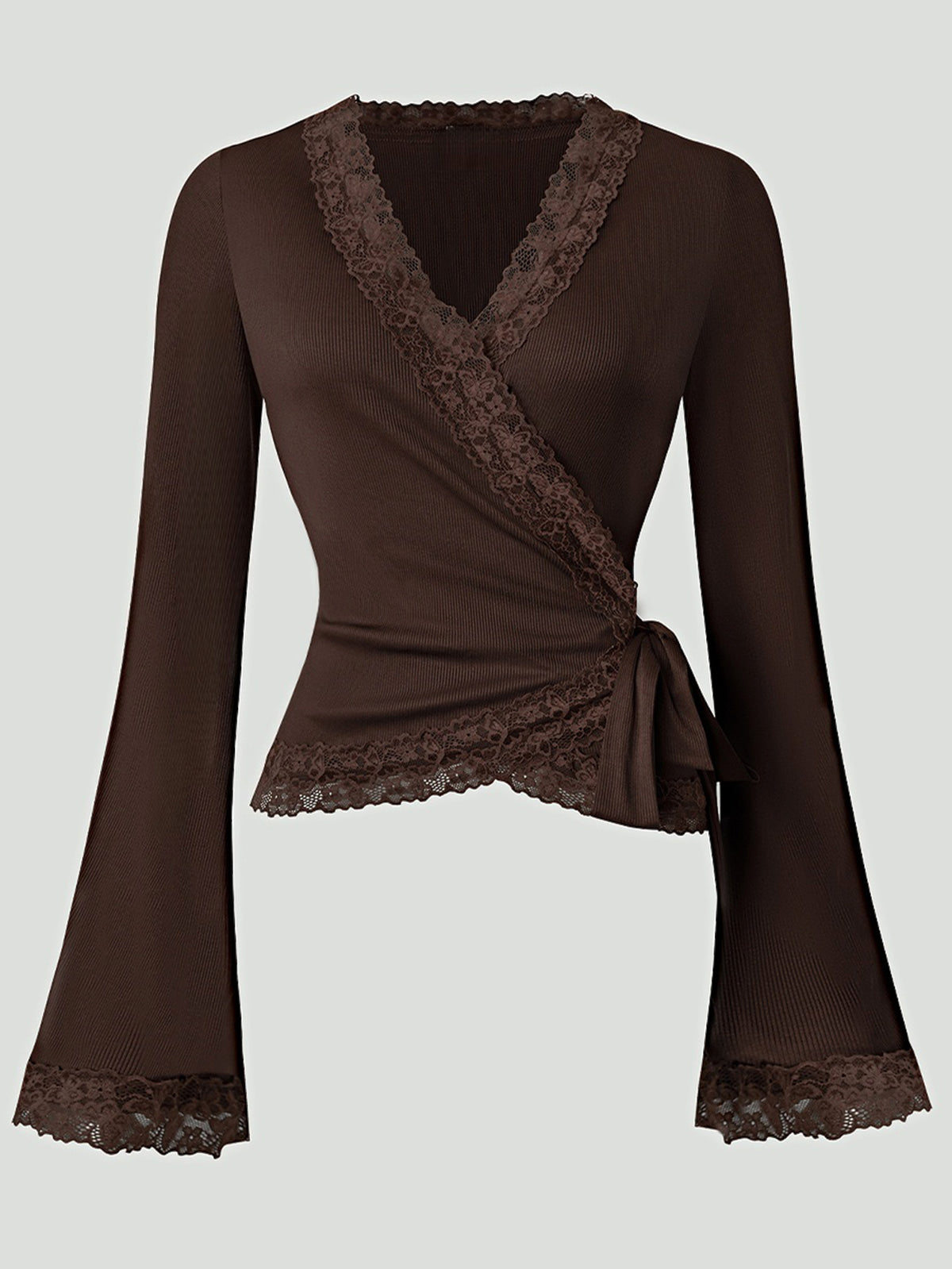 Lace-trimmed V-neck Bell Sleeve Slim Fit T-shirt