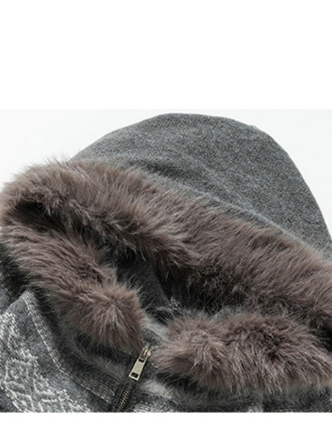 Fair Isle Pattern Fur Collar Hooded Splicing Cardigans
