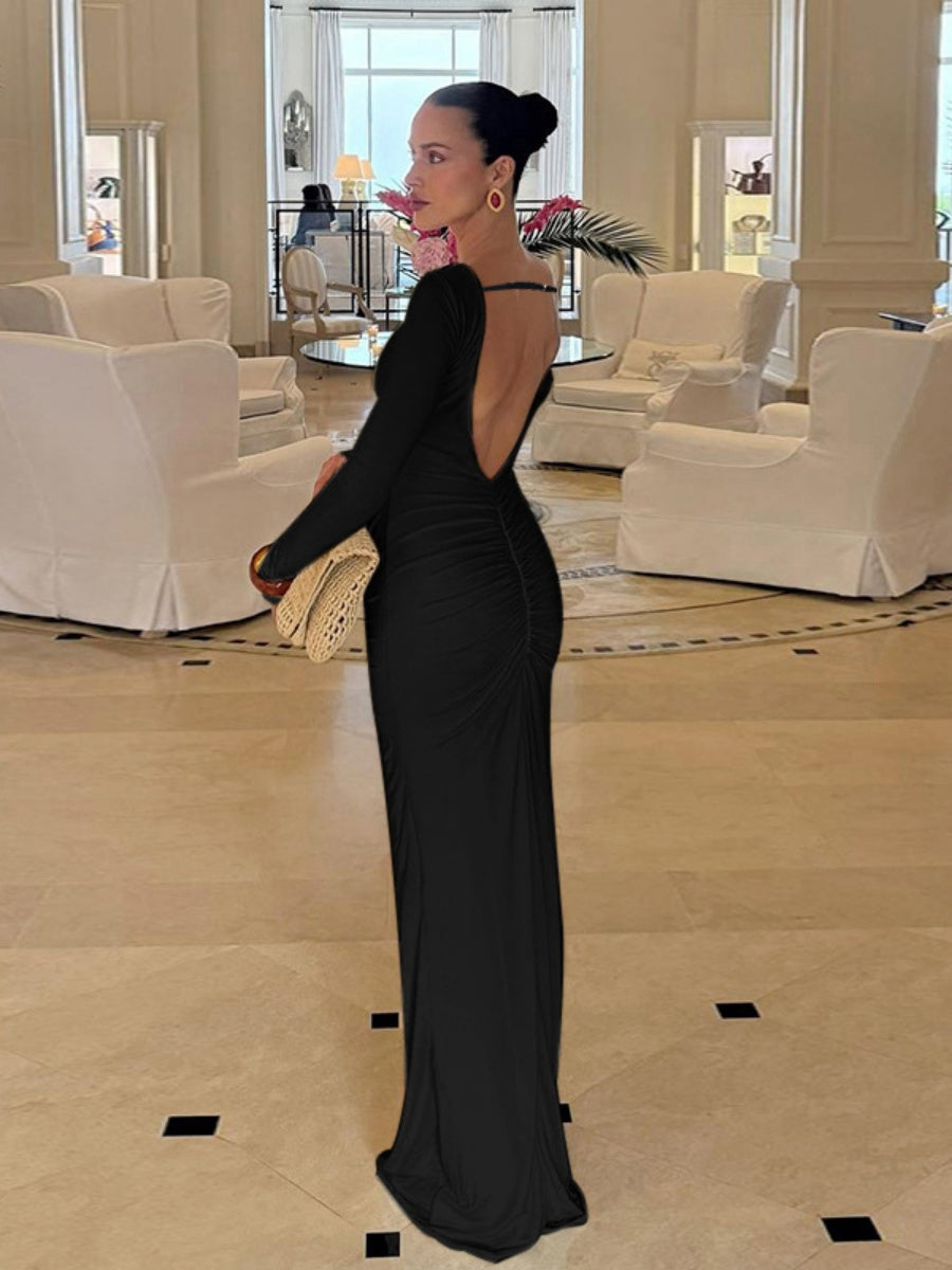Pullover Long Sleeve Pleated Backless Long Dress