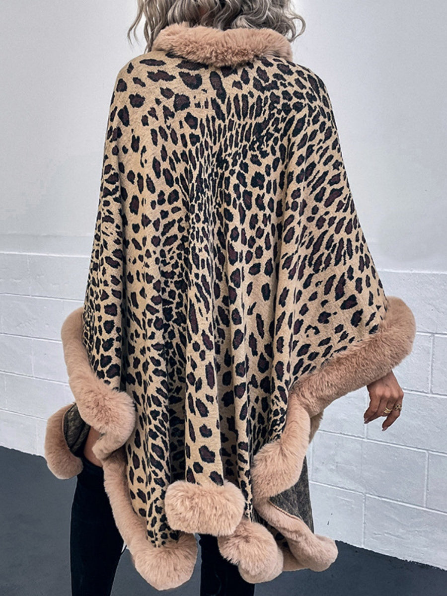 Leopard Print Shawl With Fur Collar Cloak Cardigans