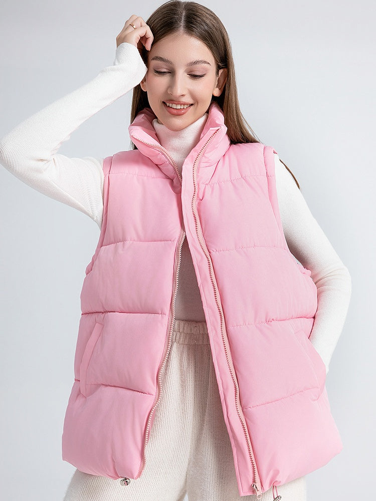 Stand Collar Sleeveless Zipper Pocket Warm Loose Mid-length Down Cotton Vest Jacket