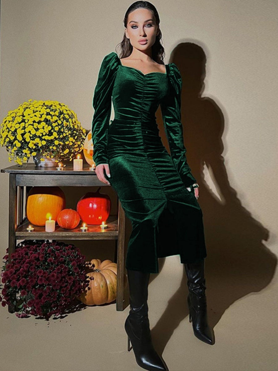 Tight-fitting Gold Velvet Pleated Long Dress