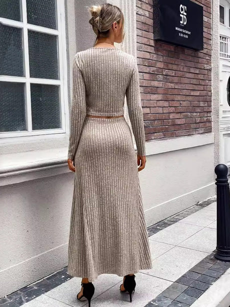 Leisure Small Round Neck Long Sleeves Solid Color A-line Skirt 2-piece Sets