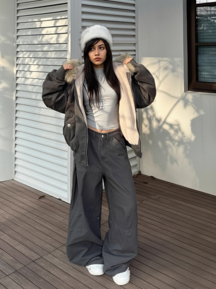 Jackets Fleece Lined With Fur Collar Hooded Short Contrasting Stitching Leisure Cotton Clothes