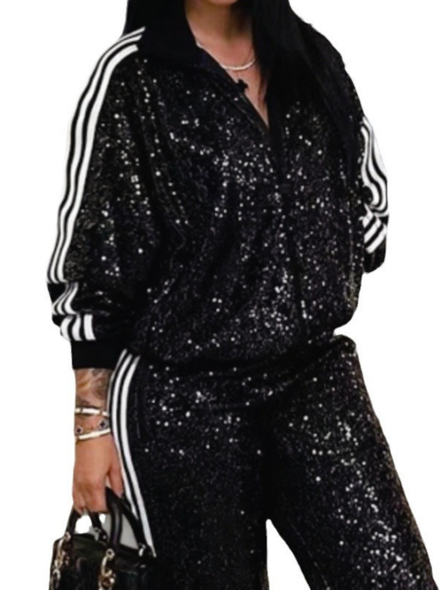Slim Fit Sequins Jacket Pants Set Leisure 2-piece Sets