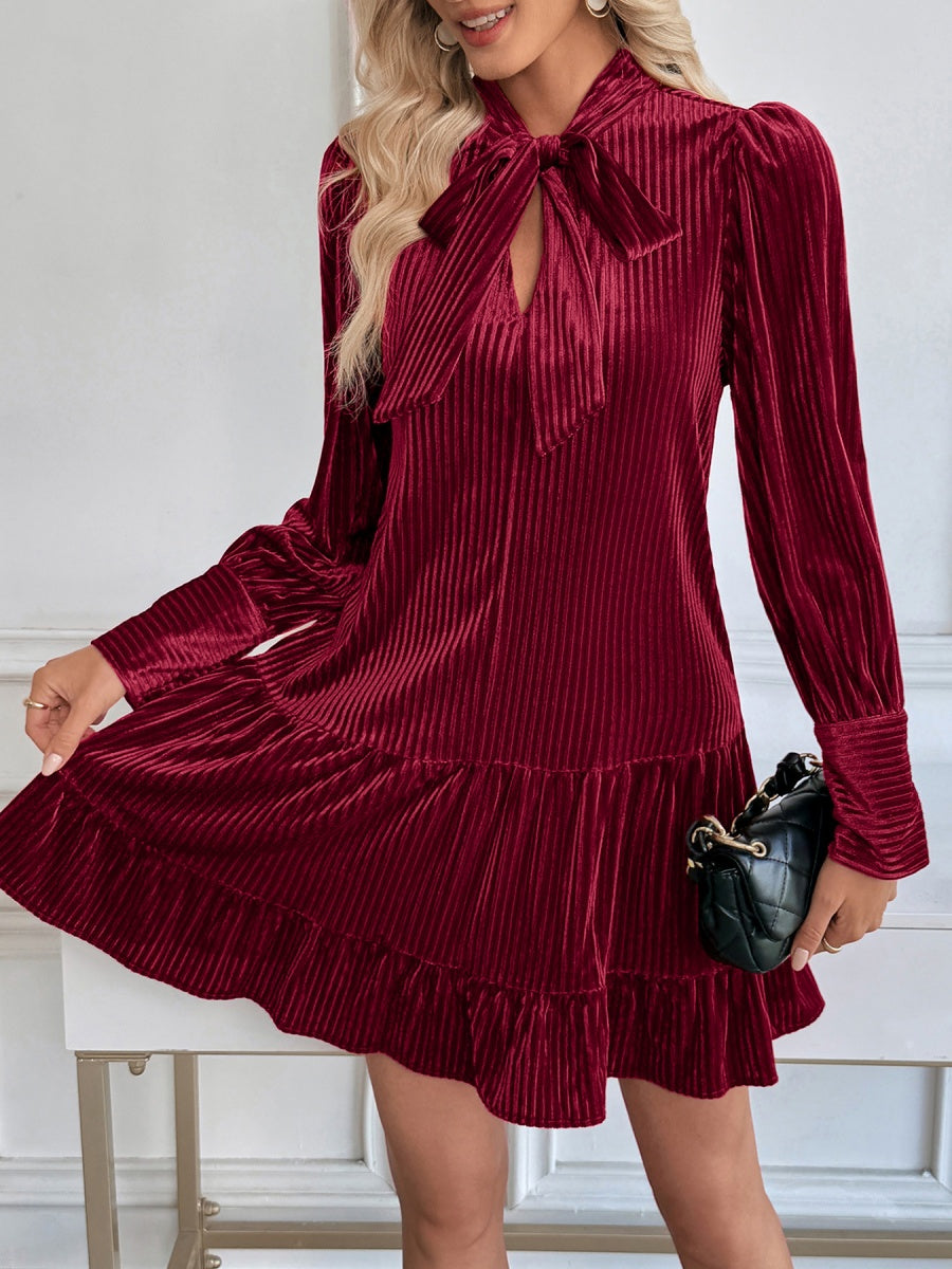 A-style Wine Red Velvet Stripes Long Sleeve Bow Ruffle Cocktail Party Christmas Short Dress