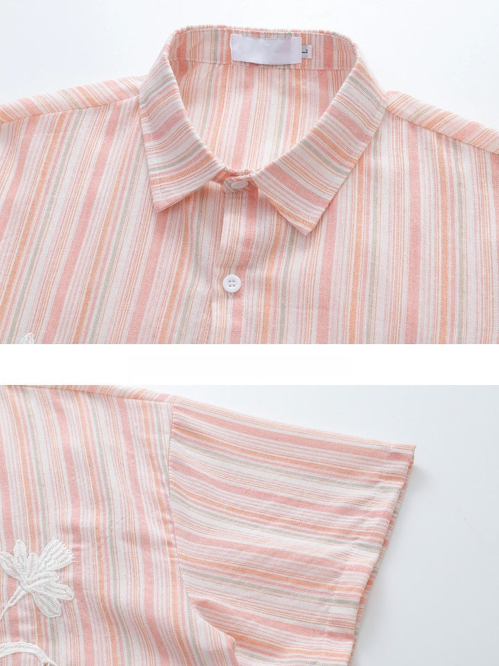 Pink Stripes Vibe Embroidery Hollow Out Shirts