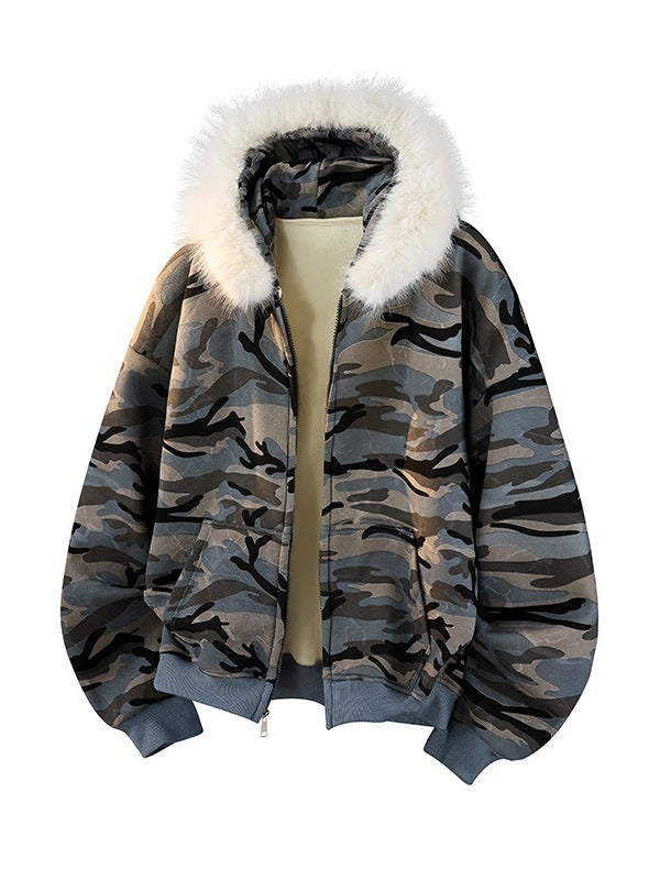 Vintage Camo Faux-Fur-Collar Hooded Jacket