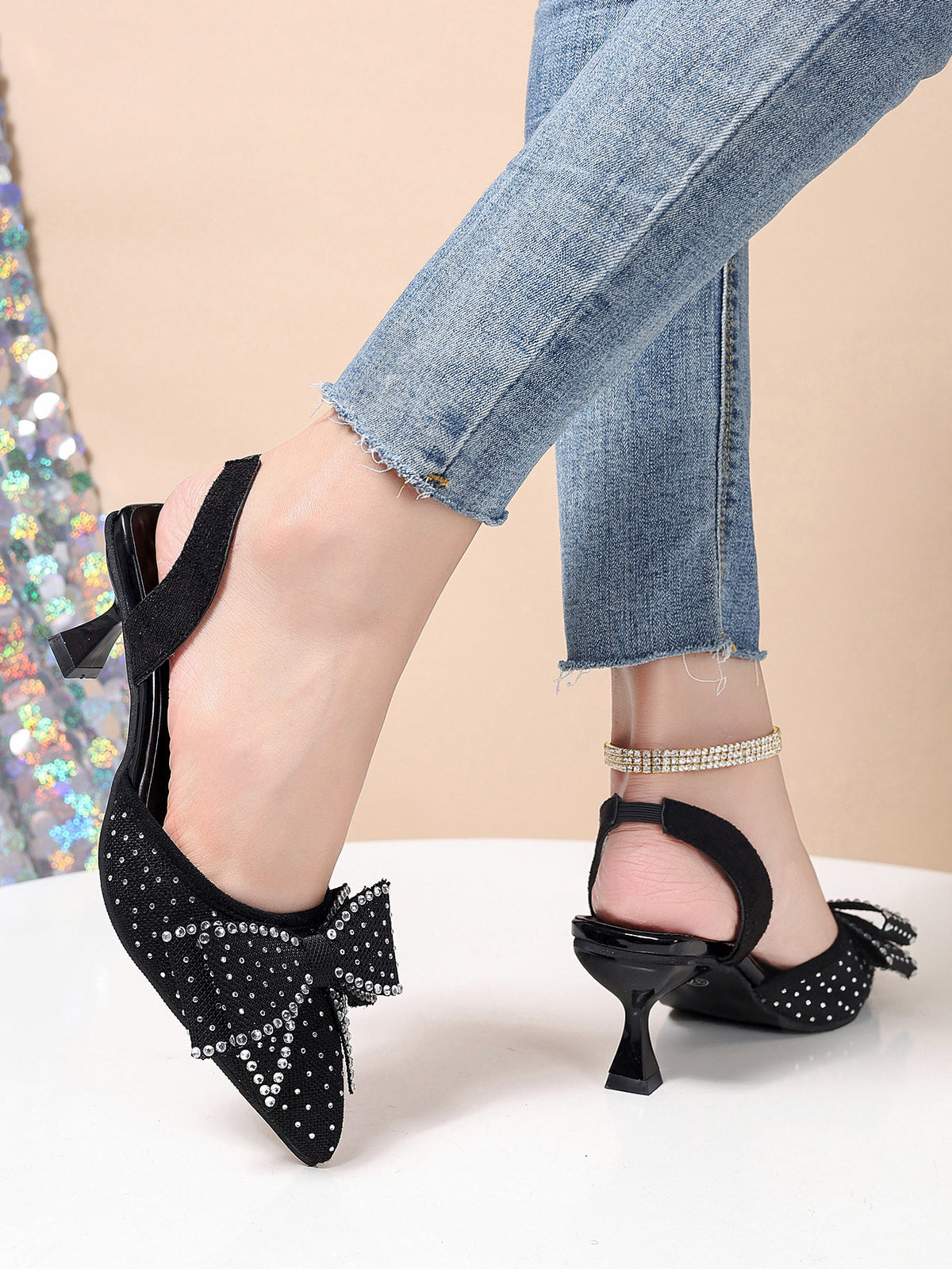 Rhinestone Pointed Bow Backless High Heels