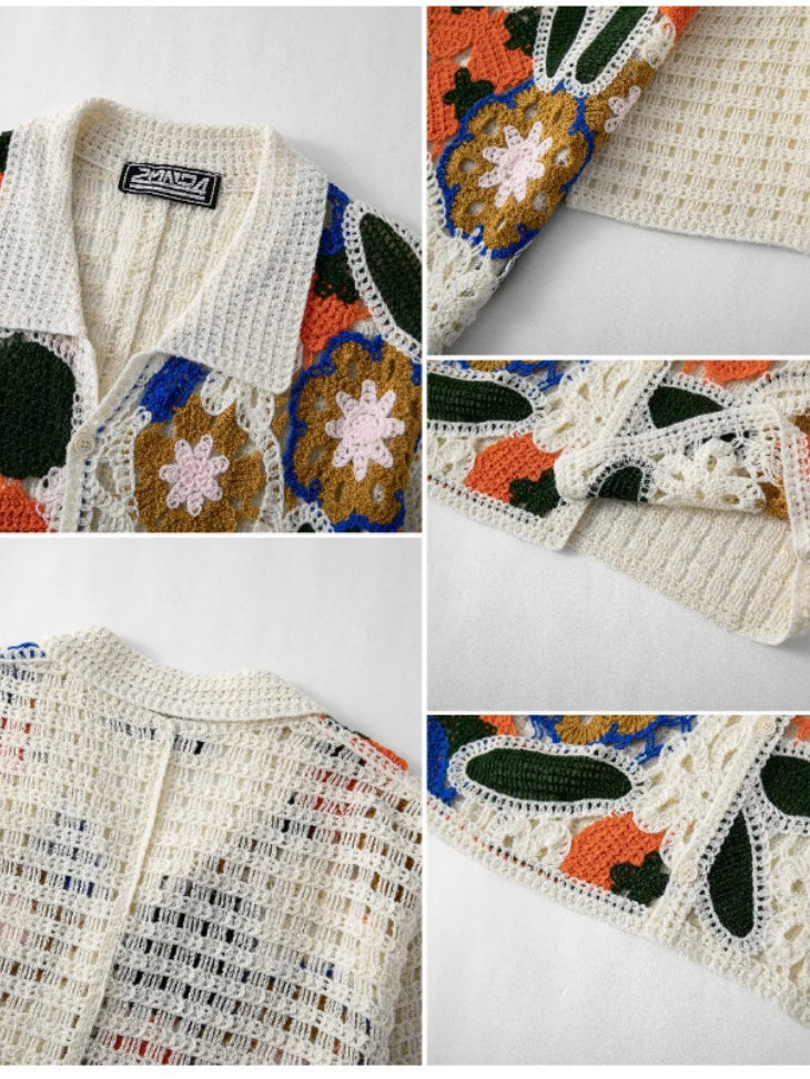 Manual Crochet Hollow Ethnic Style Jacquard POLO Shirt