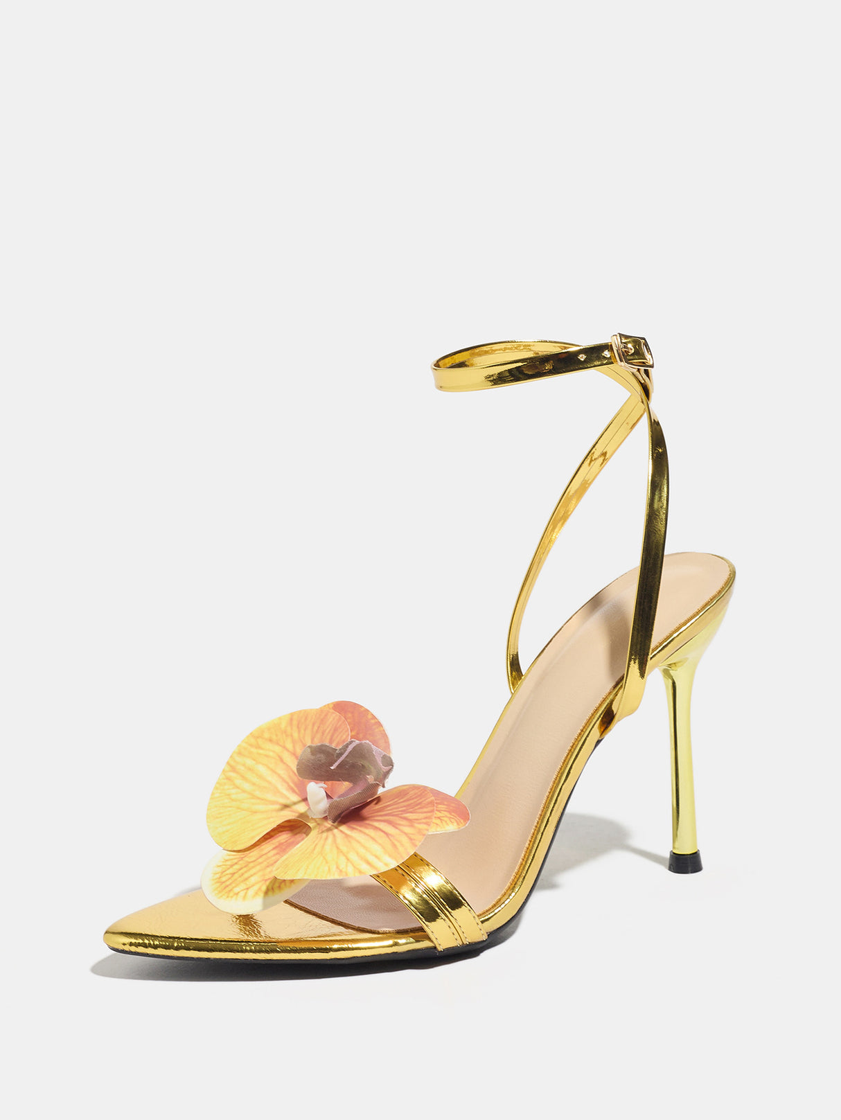 3D Floral Gold High-heeled Sandals