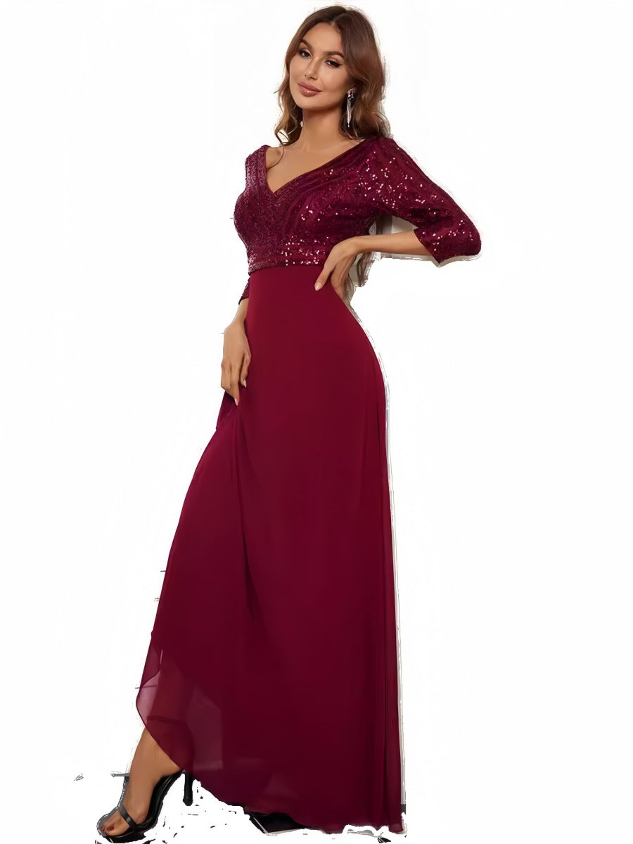 V-neck Sequins Spliced Long Dress