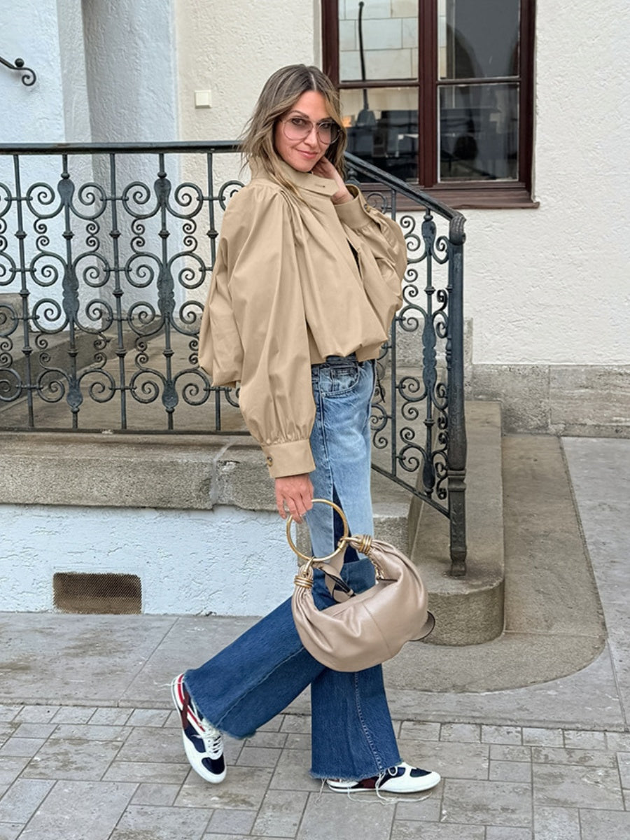 Short Pleated Lantern Sleeve Trench Coat