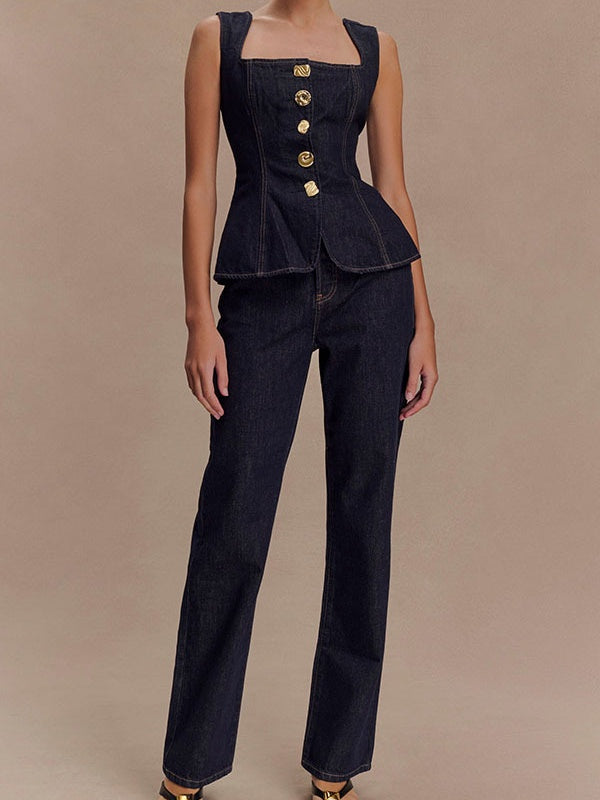 Sleeveless High-waisted Buttons Denim Vest And Trousers 2-piece Sets