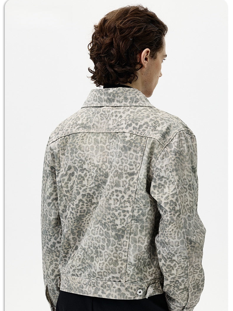 Retro Leopard Short And Wide Silhouette Lapel Denim Jacket