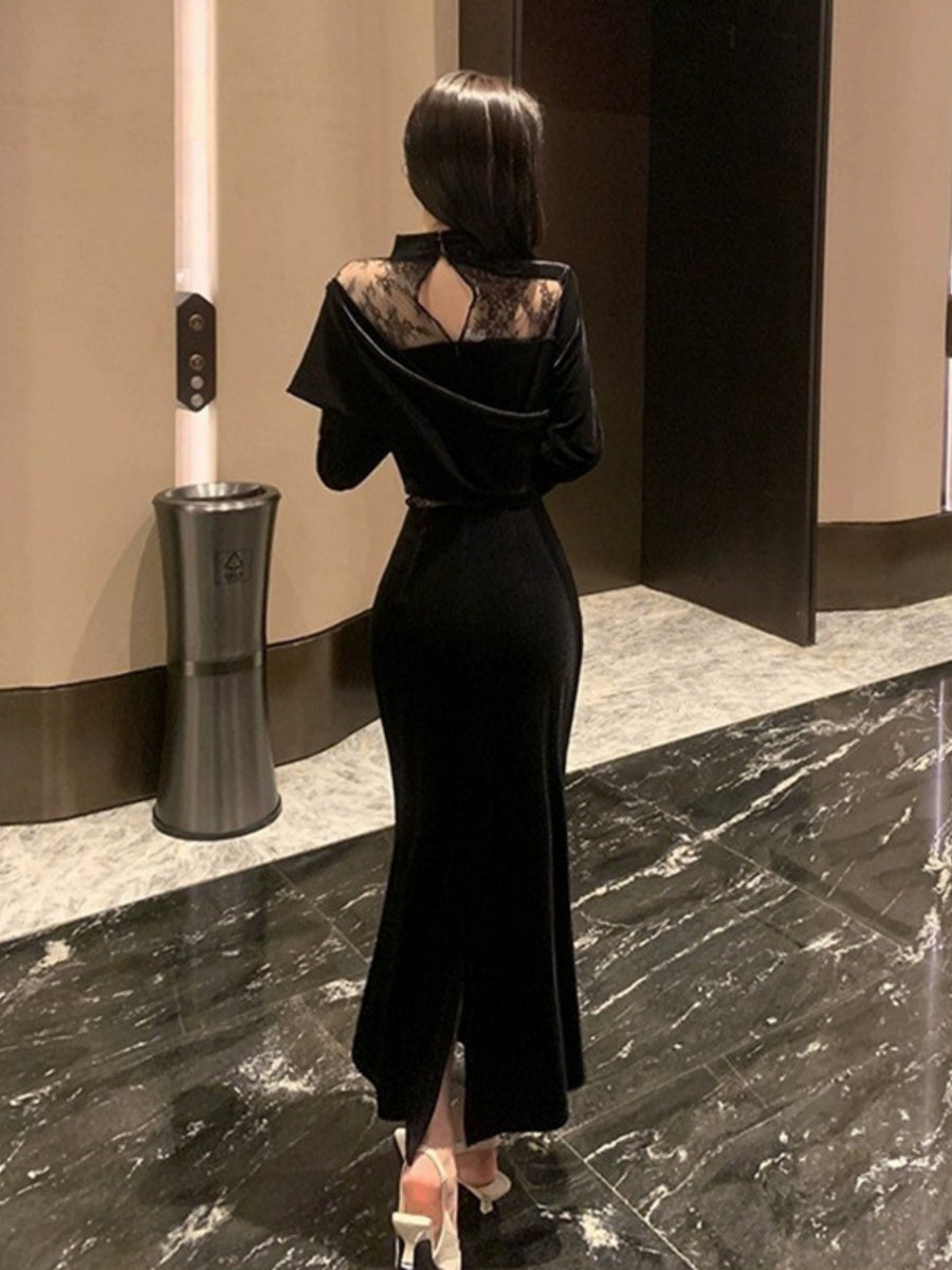 Velvet Dress, Women's Style, Rich Heiress Look, Lace Long-sleeved Black Dress
