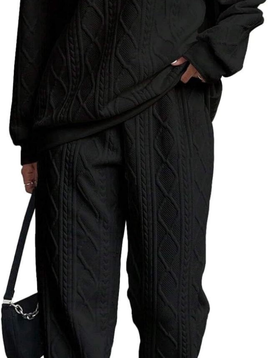 Loose-fitting Ribbed Jacquard Long-sleeved Sweatshirt Pants Casual Two-piece Set