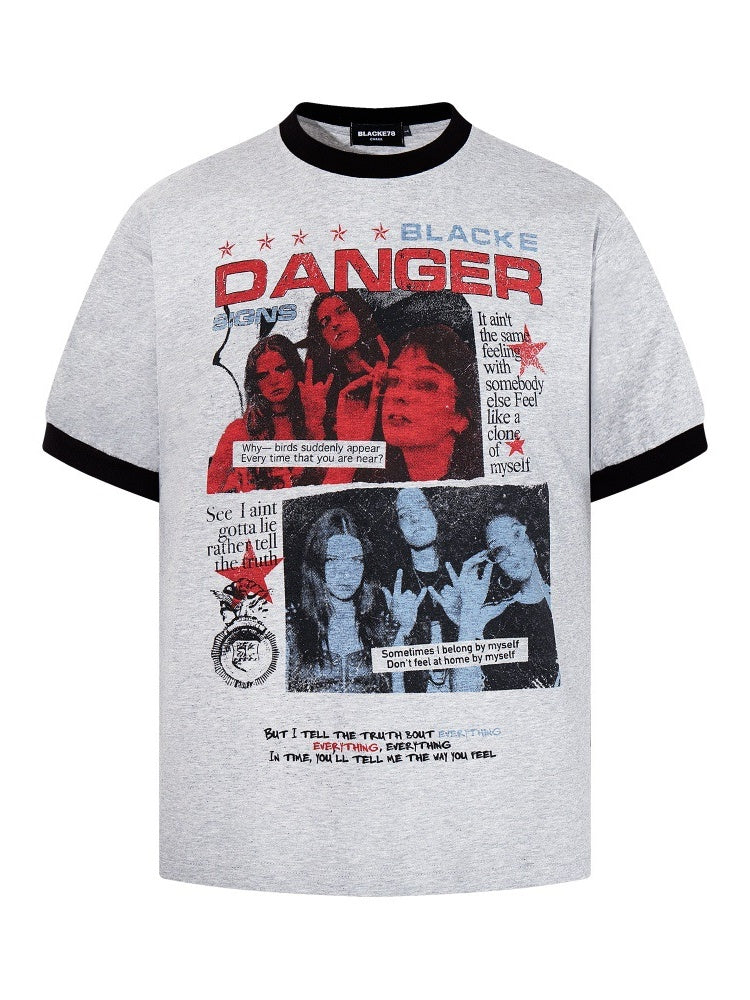 Crowd Printed Hip Hop Color-blocked Slim-fit T-shirts