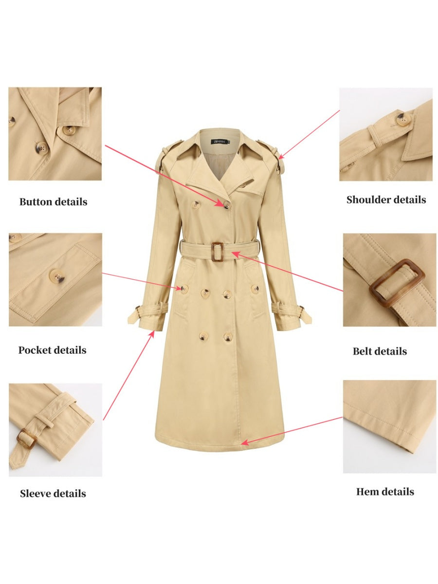 Waist-hugging Cotton Long Sleeve Lapel Three-dimensional Decoration Solid Color Trench Coats