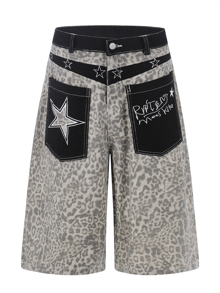 Retro Leopard Print Work Clothes Color-blocked Embroidery 7 Points Jeans