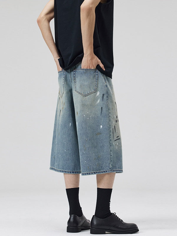 Retro Graffiti Splashing Ink 7 Points Denim Shorts